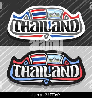 Il logo del vettore per il Regno di Thailandia, frigo magnete con thai flag di stato, spazzola originale carattere tipografico per parola thailandia e nazionale simbolo thai - Sanphet Illustrazione Vettoriale