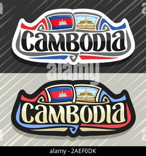 Il logo del vettore per il Regno di Cambogia, frigo magnete con stato cambogiano bandiera, spazzola originale carattere tipografico per word in Cambogia e nazionale simbolo cambogiano Illustrazione Vettoriale