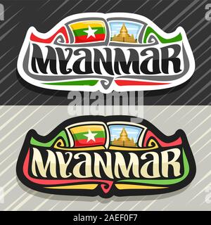 Il logo del vettore per il Myanmar paese, frigo magnete con myanmarese flag di stato, spazzola originale carattere tipografico per word myanmar e nazionale simbolo myanmarese - S Illustrazione Vettoriale