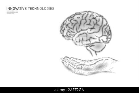 Trattamento del cervello a bassa poli 3D render. Medicina mano cura farmaco salute mentale concetto. Riabilitazione cognitiva nella malattia di Alzheimer center banner Illustrazione Vettoriale