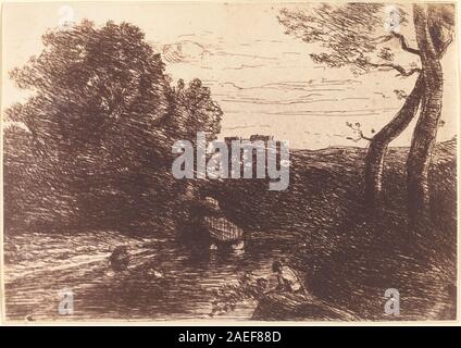 Questo dipinto del 1853 di Jean-Baptiste-Camille Corot raffigura un pastore che fa il bagno in un torrente rurale circondato da alberi e vegetazione. L'opera enfatizza la luce naturale, il riflesso nell'acqua e il paesaggio realistico, caratteristico della pittura francese del XIX secolo. Foto Stock