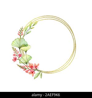 Floral cornice rotonda con fiori di fresia, golden glitter e luogo per il testo. Acquarello dipinto a mano illustrazione. Composizione circolare isolati su Foto Stock