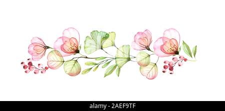 Acquerello bordo floreale di rose, foglie e ramo di eucalipto. Fiori trasparente in linea orizzontale. Disegnata a mano illustrazione isolato su bianco per Foto Stock
