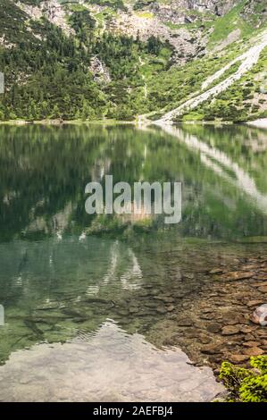 Paesaggio di montagna lago shore con acqua chiara in montagna, Morskie Oko, Tatra, Polonia Foto Stock