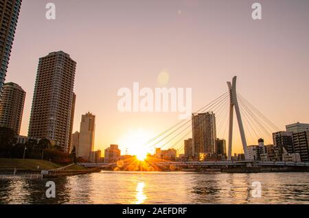 Tramonto nel fiume di Tokyo, Giappone Foto Stock