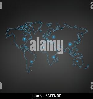 Blu linea sottile mappa Mondo contorno. istruzione elemento infografico. corsa stile piatto design. Illustrazione di vettore isolato su sfondo nero Illustrazione Vettoriale