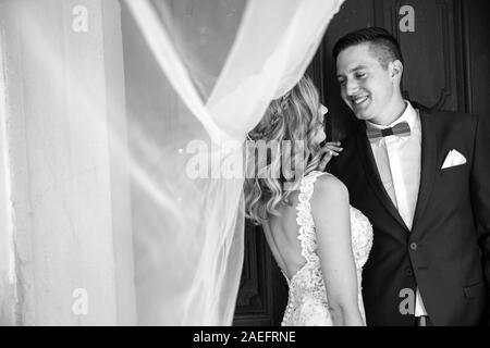 Lo sposo abbracci sposa teneramente nell'ombra di un velo di volo. Foto Stock