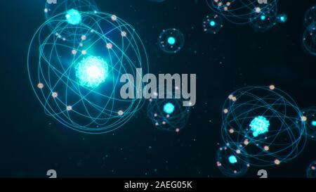 3D illustrazione struttura atomica. Atom è il livello più piccolo della materia che forma gli elementi chimici. Incandescente sfere di energia. Reazione nucleare. Concetto Foto Stock