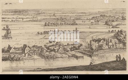 Questo dipinto di Johannes Ruisscher, rielaborato da Anthonie Waterloo, raffigura un villaggio accanto ad un canale nella seconda metà del XVII secolo, con case, acqua, ponti, barche, alberi ed elementi di paesaggio rurale, che riflettono le convenzioni di pittura paesaggistica del secolo d'oro olandese. Foto Stock