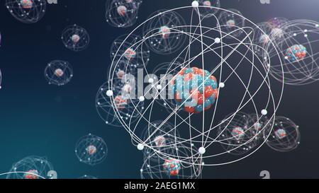 3D illustrazione struttura atomica. Atom è il livello più piccolo della materia che forma gli elementi chimici. Incandescente sfere di energia. Reazione nucleare. Concetto Foto Stock