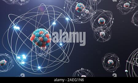 3D illustrazione struttura atomica. Atom è il livello più piccolo della materia che forma gli elementi chimici. Incandescente sfere di energia. Reazione nucleare. Concetto Foto Stock