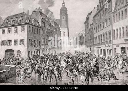 Napoleone in volo attraverso Lipsia; 1813, battaglia delle nazioni Foto Stock