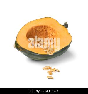 Dimezzato fresco verde acorn squash con semi close up isolati su sfondo bianco Foto Stock