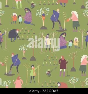 Seamless pattern del vettore con il cartoon di persone sono il giardinaggio nel Parco di primavera Illustrazione Vettoriale
