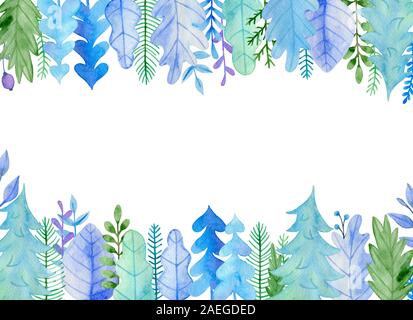 Acquerello Natale e Anno Nuovo biglietto di auguri con foglie di colore blu e abete. Inverno decorativi disegnati a mano cornice floreale Foto Stock