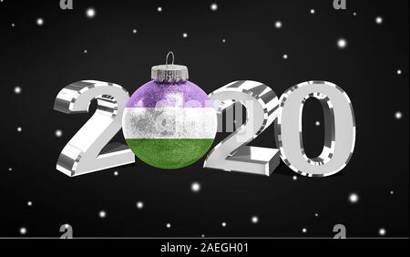 Felice anno nuovo 2020, bandiera di orgoglio genderqueer su un giocattolo di natale, decorazioni isolato su sfondo scuro. Creative concetto di natale. Foto Stock