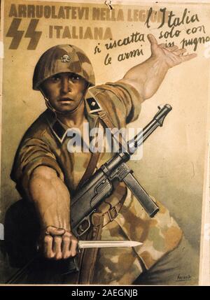 Arruolarsi in italiano legione SS, Italia redime se stesso solo con le armi in mano, illustrazione di propaganda fascista progettato da Gino Boccasile Foto Stock