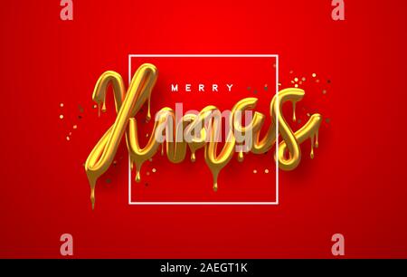 Merry Christmas greeting card, realistiche in 3d oro tipografia antigoccia segno con lusso golden glitter festosa su sfondo rosso. Fuso metallico lucido tip. Illustrazione Vettoriale