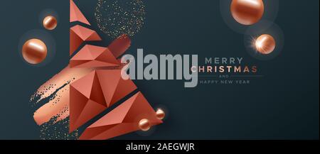 Auguri di Buon Natale felice anno nuovo biglietto di auguri di rame a bassa poli pino con glitter e 3d decorazione. Abstract moderno design vacanze per party inv Illustrazione Vettoriale