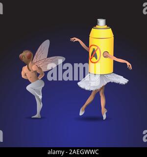 Una donna e un uomo danza balletto in costumi di mosche e spray isolato su un background. Immagine vettoriale Illustrazione Vettoriale