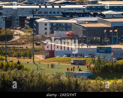 Pratica di gioco del calcio per un club locale in un sobborgo di Reykjavik, Hafnarfjordur, Islanda Foto Stock