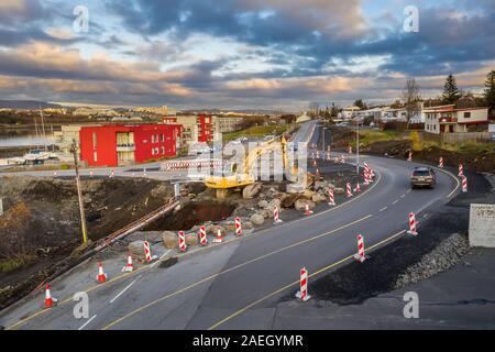 Lavori stradali in Kopavogur, sobborgo di Reykjavik, Islanda Foto Stock