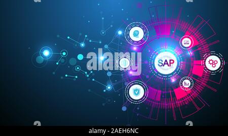 SAP Business process automation software. ERP Enterprise Resources Planning il concetto di sistema modello di pagina di intestazione. Il futuro della tecnologia sci-fi concetto SAP Illustrazione Vettoriale