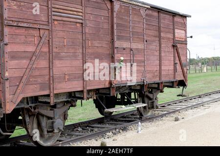 Auschwitz II-Birkenau. Un carro merci utilizzate per il trasporto di deportati sulla linea ferroviaria ad Auschwitz II-Birkenau morte Camp. È cominciata la costruzione nel mese di ottobre 1 Foto Stock