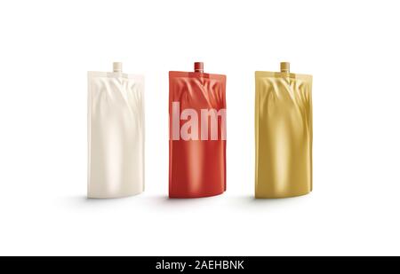 Mockup di salsa bianca rossa, beige e gialla, vista laterale Foto Stock