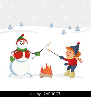 Arrostito marshmallow su poster vettoriale campfire invernale Illustrazione Vettoriale