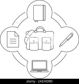 Imprenditore il borsetta contenuto lineare di set di icone. Viaggio di lavoro elementi. Documento, laptop, il blocco note e penna. Isolato illustrazioni vettoriali Illustrazione Vettoriale