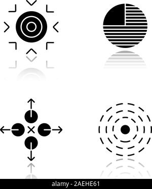 Simboli astratti ombra nera set di icone. Obiettivo, parte, indicazioni, influenza i concetti. Isolato illustrazioni vettoriali Illustrazione Vettoriale