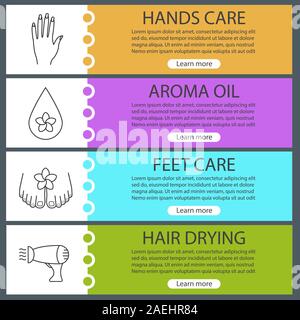 Spa Salone modelli di banner per il web set. Olio aromaterapia drop, asciugacapelli, donna di mani e piedi. Colore del sito le voci di menu con icone lineare. Heade vettore Illustrazione Vettoriale