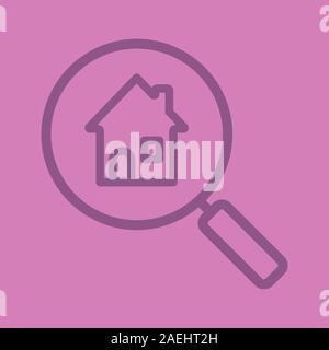 Ricerca immobili colore icona lineare. Trovare casa in affitto. Lente di ingrandimento con la casa. Linea sottile simboli di contorno sul colore di sfondo. Vector illustrat Illustrazione Vettoriale