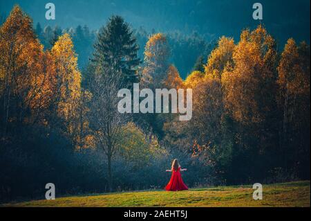 Donna in abito rosso in piedi in bella la natura in autunno Foto Stock