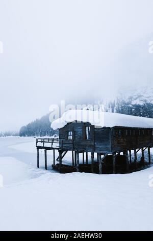 Foresta di neve e il lago in una fredda giornata invernale Foto Stock