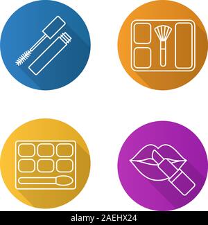 Donna cosmetici lineare piana lunga ombra set di icone. Mascara, ombretto, blusher, rossetto con le labbra. Linea del vettore illustrazione Illustrazione Vettoriale