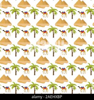 Egitto seamless pattern. Turismo Viaggi sfondo infinito, piramide palm cammello texture ripetitive.vacanza sullo sfondo. Illustrazione Vettoriale Illustrazione Vettoriale