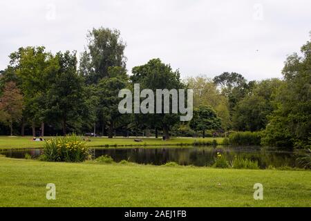 Vista di persone appendere fuori, gli alberi, i campi di erba e il lago a Vondelpark di Amsterdam. Si tratta di un pubblico parco urbano di 47 ettari. Si tratta di un giorno d'estate. Foto Stock