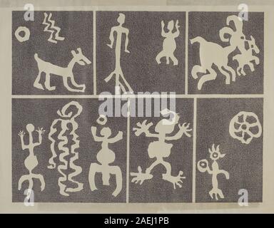 Una serie di disegni ispirati ai petroglifi di Lala Eve Rivol creati tra il 1935 e il 1942, con motivi astratti e geometrici derivati da antiche incisioni rupestri. Foto Stock