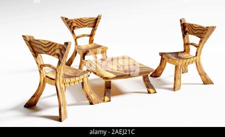 tre graziose e pittoresche sedie di fata in legno cartoonish e un tavolo, rendering 3d Foto Stock