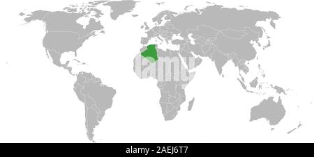 Algeria mappa evidenziata nella mappa mondiale con colore verde sullo sfondo del vettore Illustrazione Vettoriale