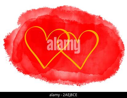 Intreccia due cuori d oro su sfondo di grande acquarello dipinto di rosso splash. Amore, il giorno di San Valentino, il matrimonio o la celebrazione del concetto. Il gene del computer Foto Stock