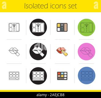 Le donne cosmetici da set di icone. Lineare, in nero e a colori di stili. Eye shadow, blusher, rossetto con le labbra. Isolato illustrazioni vettoriali Illustrazione Vettoriale