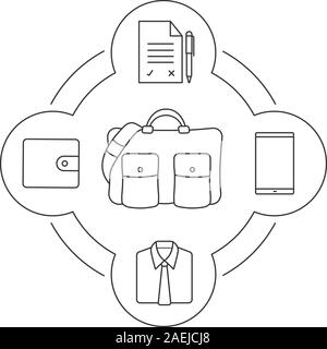 Imprenditore il borsa da viaggio contenuto lineare di set di icone. Smartphone, contratto con penna, camicia e cravatta, portafoglio. Isolato illustrazioni vettoriali Illustrazione Vettoriale