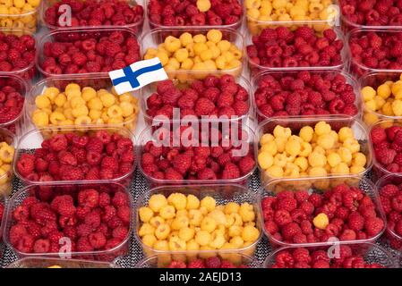 Vista in elevazione di rosso e giallo lamponi in contenitori per la vendita al mercato all'aperto, Kauppatori, Helsinki, Finlandia, Europa Foto Stock