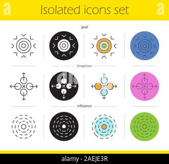 Simboli astratti set di icone. Lineare, in nero e a colori di stili. Obiettivo, indicazioni, influenza i concetti. Isolato illustrazioni vettoriali Illustrazione Vettoriale