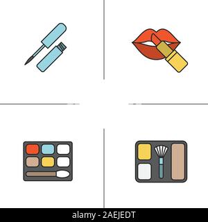 Donna colore cosmetici set di icone. Lip Gloss, ombretto, blusher, rossetto con le labbra. Isolato illustrazioni vettoriali Illustrazione Vettoriale