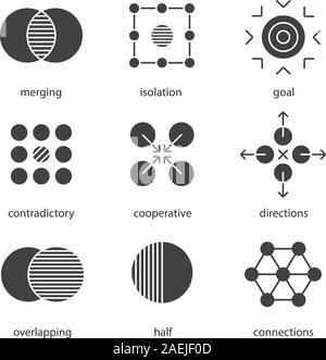 Simboli astratti glifo set di icone. Simboli di Silhouette. La fusione, isolamento, obiettivo, contraddittorie, cooperativa, indicazioni, sovrapposizione, metà, connessioni Illustrazione Vettoriale