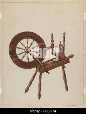 Ruota in legno di Ludmilla Calderon del 1935-1942, che mostra ruota, volantino, bobina, battistrada, mandrino, lavorazione artigianale e funzionale strumento di produzione tessile tipico del design dei primi anni del xx secolo. Foto Stock